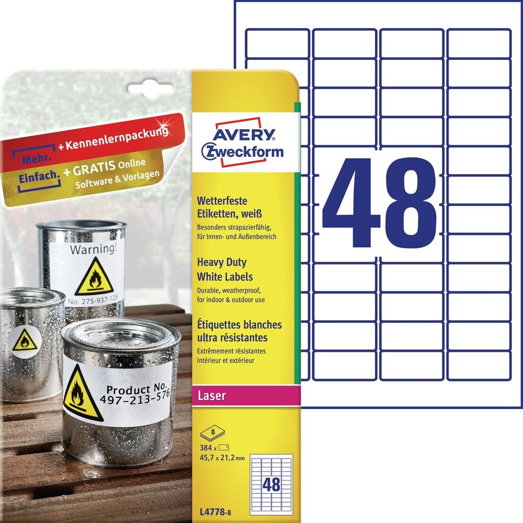Heavy duty labels, white, suitable for in- and outdoor use (-20oC to +80oC) | L4778-8 | Avery
