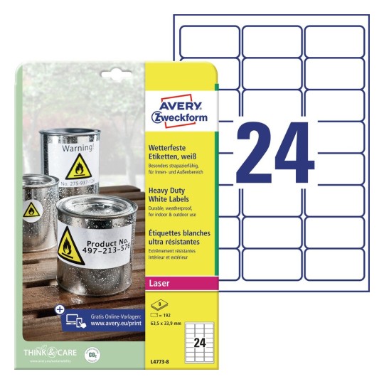 Heavy labels, white, suitable for in- and use (-20oC to +80oC) | L4773-8 Avery