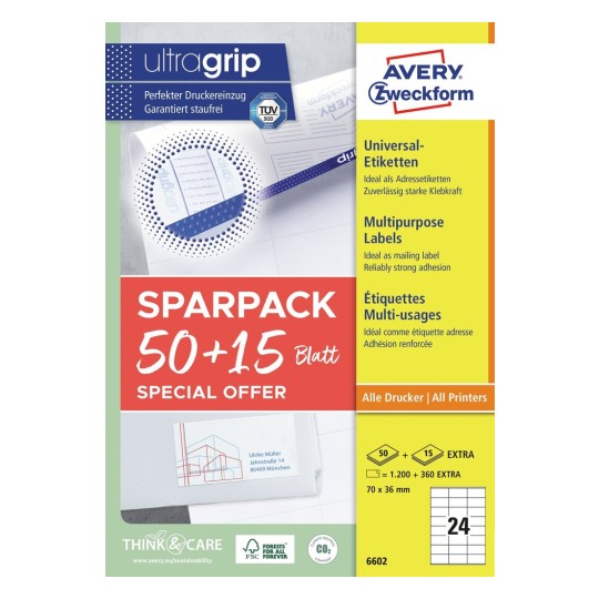 Multipurpose Generaluse Labels, 70 x 36 mm, 1560 Labels, white 6602