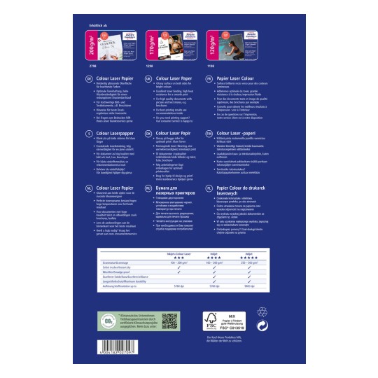 Kuvassa on värilaserpaperipakkauksen takakansi, jossa on kuvaukset useilla kielillä paperin ominaisuuksista, teknisistä tiedoista ja suosituksista asiakirjojen ja esitteiden tulostuskäyttöön.