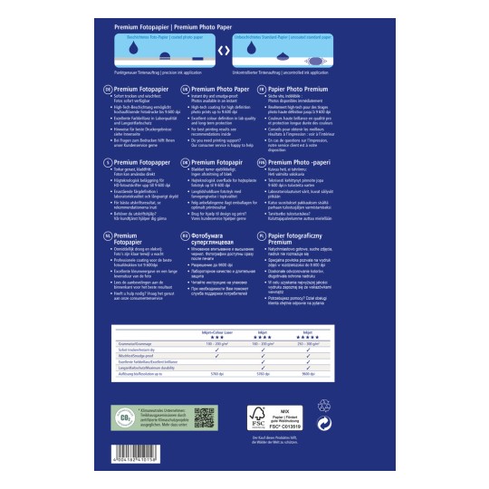Kuva on Premium-valokuvapaperin tuoteselkäetiketti, joka sisältää käyttöohjeet ja eritelmät useilla kielillä, mukaan lukien saksa, englanti, ranska ja muita. Se tarjoaa tietoa, kuten tulostuslaatu, musteiden yhteensopivuus ja asiakaspalvelutuki.