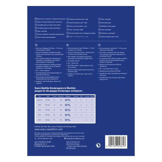 Kuva esittää paperituotteen pakkauksen takaosan, jossa on yksityiskohtia, kuten valkoisuusindeksi, ColorLok-teknologia, FSC-sertifiointi ja soveltuvuus erilaisille tulostimille ja kopiokoneille. Lisäksi siellä on taulukko, jossa luetellaan erilaisia paperityyppejä ja niiden ominaisuuksia.