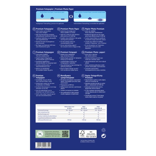 Kuva esittelee tuotetietokortin korkealaatuiselle valokuvapaperille, jossa on yksityiskohtia ominaisuuksista, teknisistä tiedoista ja suosituksista useilla kielillä, kuten saksaksi, englanniksi, ranskaksi ja muilla.