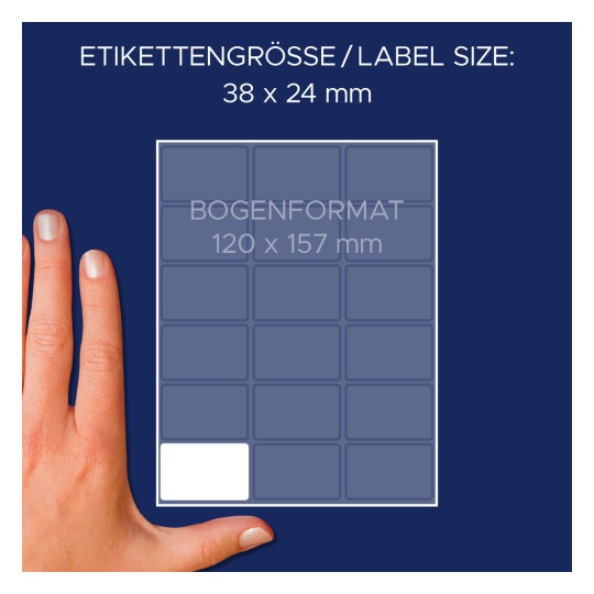 Kuva näyttää tarran koon 38 x 24 mm käden rinnalla, ja taittoruudukon nimeltä BOGENFORMAT, jonka mitat ovat 120 x 157 mm.