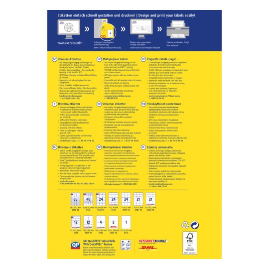 Kuva esittää ohjeet erilaisten Avery-etikettien suunnitteluun ja tulostamiseen, sisältäen monikielistä tekstiä ja etikettien mitat.