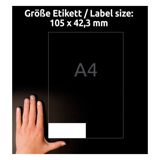 Kokojen vertailu kädellä, artikkeli: 3653, yksi arkki yleisetikettejä, koko: 105 x 42,3 mm, väri: valkoinen?
