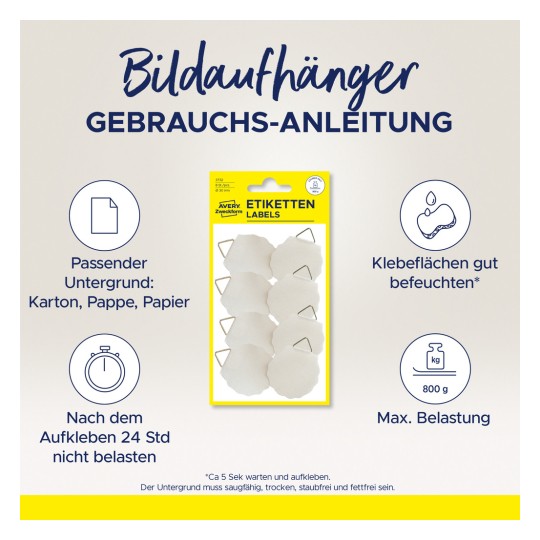 Kuva esittää Averyn tarralappupakkausta, joka sisältää ohjeet ja tiedot, kuten sopivat materiaalit ja enimmäiskuormituskapasiteetin.