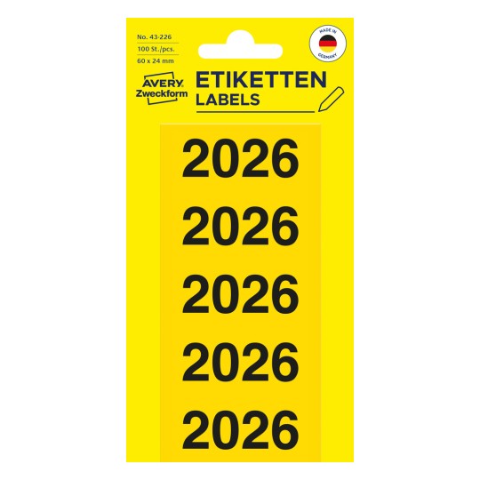 Pakkauskuva: Avery Zweckform kansiotarrat vuosiluvulla, Artikkeli: 43-226, Koko: 60 x 24 mm, Sisältö: 100 tarraa / 20 arkkia, 5 tarraa/arkki.