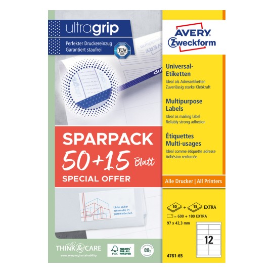 Pakkauskuva: Avery Zweckform Universal-etiketit, pysyvästi kiinnittyvät, Artikkeli: 4781-65, Koko: 97 x 42,3 mm, Tulostuskelpoisuus: Mustesuihku, Laser m/v, värilaser, Sisältö: 780 etikettiä / 65 arkkia, 12 etikettiä/arkki.