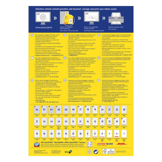 Kuva on Averyn tietojuliste, joka käsittelee heidän etikettisuunnittelu- ja tulostuspalveluitaan useilla kielillä. Se sisältää tuotteen ominaisuudet, asiakaspalvelutiedot ja tulostusvinkkejä.
