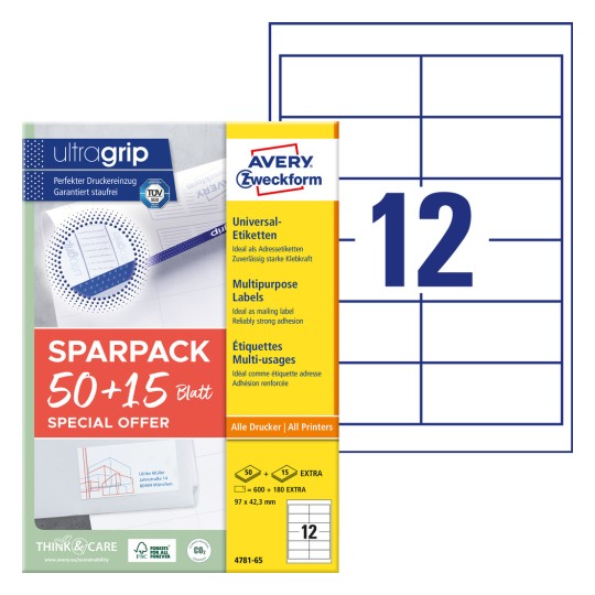 Pakkauskuva etikettilomakkeella: Avery Zweckform Universal-etiketit, Tuote: 4781-65, Koko: 97 x 42,3 mm, Tulostuskelpoisuus: mustesuihku, mustavalkolasertulostin, värilasertulostin, Sisältö: 780 etikettiä / 65 arkkia, 12 etikettiä/arkki?