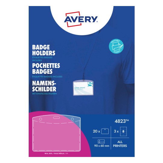 Kuva esittää Avery-merkkinauhan pidikettä, jonka tuotetiedoissa on mainittu 'Merkkinauhan pidikkeet', mitat ja esimerkki nimilapusta. Se on suunniteltu kaikille tulostimille.