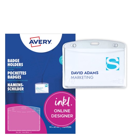 Kuva esittää nimikylttejä, joissa on tietoa 'David Adamsista' markkinoinnissa, taustana olevan Avery-tuotelinjan kanssa.