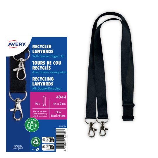 Tämä kuva esittää Avery-merkkisen kierrätetyn kaulanauhapakkauksen, jossa on kaksinkertainen pikalukko. Kaulanauhat ovat mustia ja niitä on kymmenen kappaleen setti.