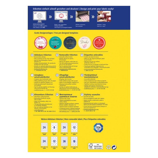 Kuva esittelee tulostettaville etiketeille tarkoitetun suunnitteluoppaan, jossa on malleja ja ohjeita useilla kielillä, mukaan lukien saksa ja englanti. Se sisältää tietoa irrotettavista ja monipuolisista etiketeistä, niiden ihanteellisista käyttökohteista ja tulostusmäärittelyistä.
