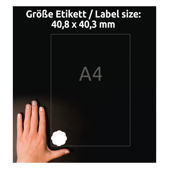 Kuva esittää kättä läpinäkyvän tarran tai arkkin vieressä, jossa on mitat ja merkintä 'A4'. Tausta on tumma, korostaen tarran kokoa 40,8 x 40,3 mm.