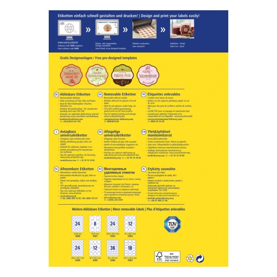 Kuva esittelee Avery-flyerin, jossa on etikettituotteita, suunnittelumalleja ja tulostusohjeita useilla kielillä, kuten saksaksi, ranskaksi, hollanniksi, venäjäksi ja puolaksi.