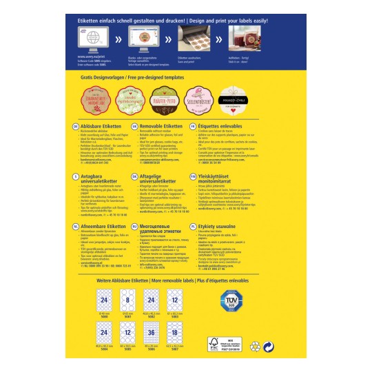 Tämä kuva on mainoslehtinen Averyn irrotettaville etiketeille, jossa esitellään erilaisia malleja ja pohjia useilla kielillä. Se tarjoaa ohjeita etikettien suunnitteluun ja tulostamiseen sekä tietoa saatavilla olevista erilaisista etikettityypeistä.