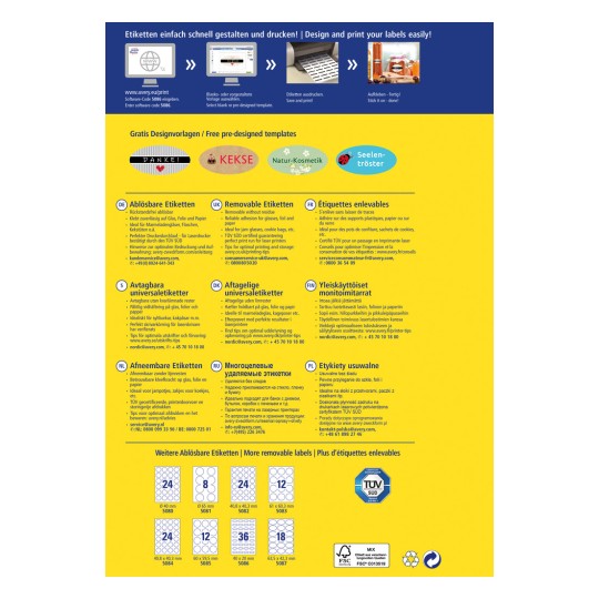 Infografiikka etikettien suunnittelusta ja tulostuksesta, joka esittelee erilaisia irrotettavia etikettejä useilla eri kielillä, mallipohjaesimerkkejä ja yhteystiedot rinnallaan.