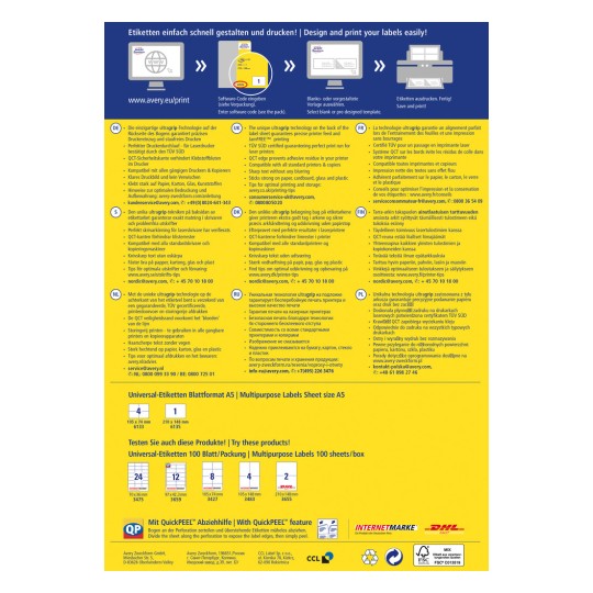Kuva on Averyn etikettien tulostustuotteista kertova informatiivinen grafiikka, joka sisältää eri kielillä ohjeita, tuotemäärittelyjä ja suunnitteluvinkkejä etikettien tehokkaaseen tulostukseen.