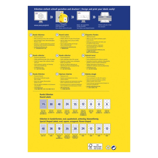 Kuva esittää oppaan, joka on tarkoitettu erilaisten etikettien, mukaan lukien pyöreiden ja erikoismuotoisten etikettien, suunnitteluun ja tulostamiseen. Se sisältää ohjeet, mitat ja yhteystiedot useilla kielillä.