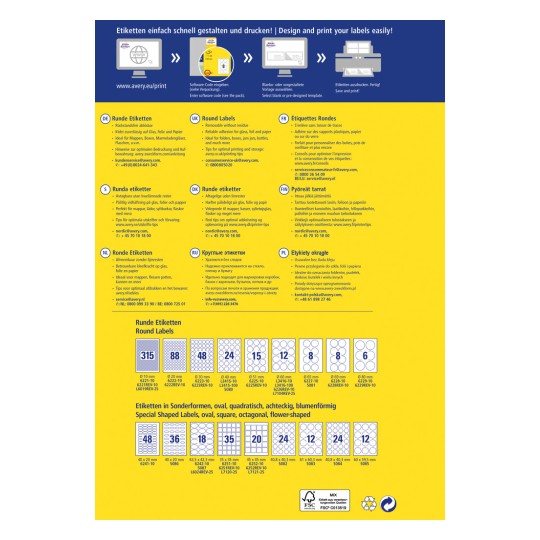 Kuva antaa tietoa etikettien suunnittelusta ja tulostamisesta, mukaan lukien erilaiset kielet ja etikettityypit niiden vastaavine mittoineen ja koodeineen.