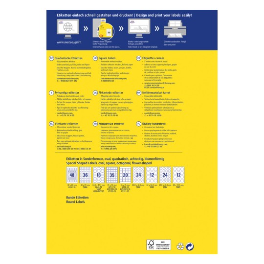 Kuva sisältää Averylta tarrasuunnittelun ja -tulostuksen oppaan, joka esittelee erilaisia tarramuotoja ja -kokoja, ohjeineen eri kielillä.