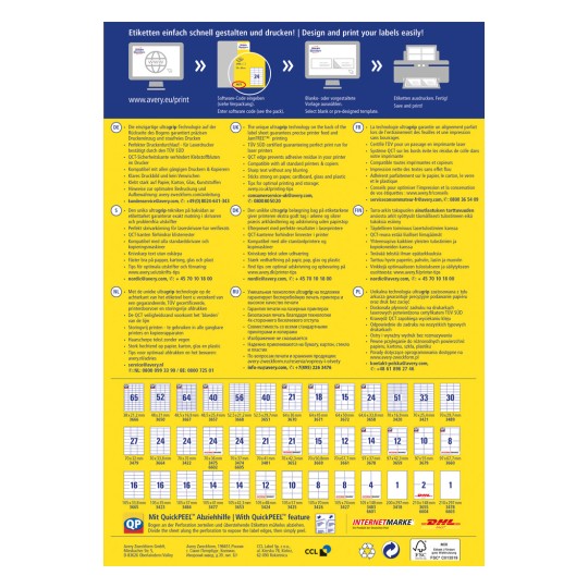 Tietografiikka Averylta, joka esittelee heidän etikettien tulostusteknologiaansa, ominaisuuksia ja tulostusvinkkejä useilla kielillä.