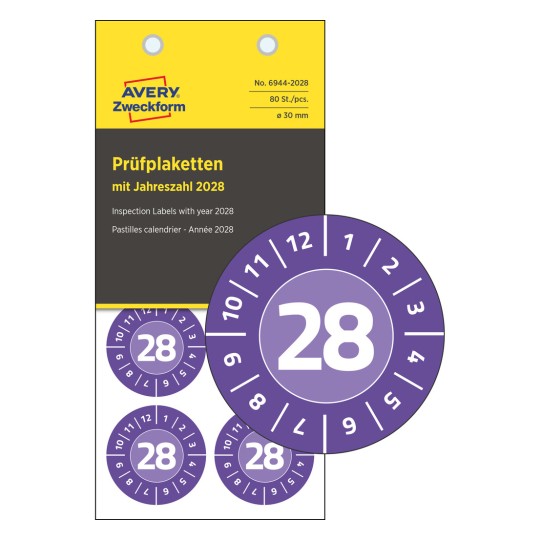 Tämä kuva esittää vuoden 2028 tarkastusmerkintöjen pakkausta, jossa numero 28 on näkyvästi esillä. Merkinnät ovat violetteja ja pyöreitä, halkaisijaltaan 30 mm.