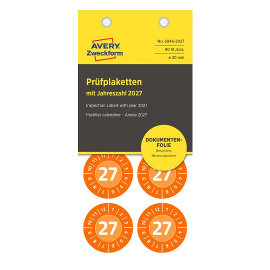 Pakkauskuva: Avery Zweckform Non A4 tarkastustarrat, tuote: 6946-2027, koko: ⌀ 30 mm, sisältö: 80 tarkastustarraa / 10 arkkia, 8 tarkastustarraa/arkki.