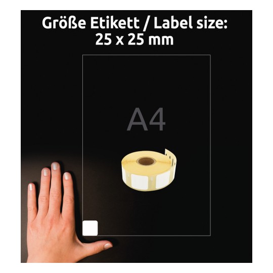 Kuvassa on käsi vieressä etikettirulla. Etiketin koko on ilmoitettu olevan 25 x 25 mm A4-kokoisen viitteen kanssa.
