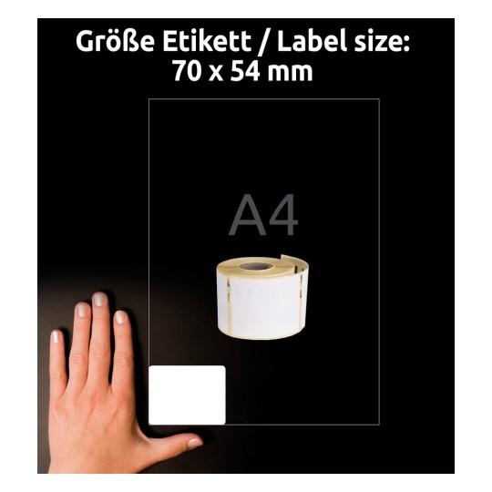 Kuva näyttää käden tyhjän etikettirullan vieressä, jossa on kokomerkintä 70 x 54 mm. Tausta on musta, ja kuvassa on teksti 'Größe Etikett / Label size: 70 x 54 mm' ja 'A4'.