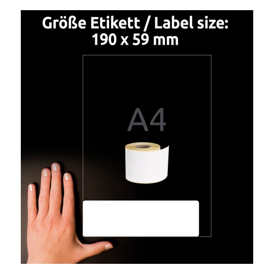 Kuva näyttää käden tarrarullan vieressä tummalla taustalla. Se näyttää tarran koon 190 x 59 mm.