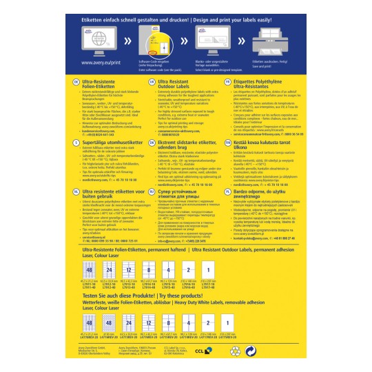 Kuva sisältää tietoa äärimmäisen kestävistä, ulkokäyttöön sopivista etiketeistä, mukaan lukien useilla kielillä olevia kuvauksia ja tuotetietoja.