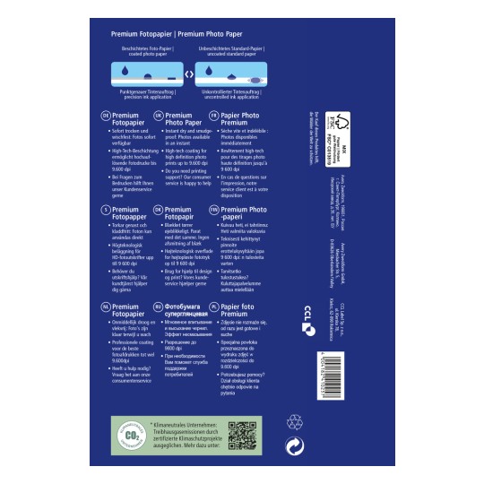Kuva esittää premium-valokuvapaperin pakkausta, joka kuvaa sen ominaisuuksia useilla kielillä, mukaan lukien välitön tulostusmahdollisuus, huipputekninen pinnoitus korkean tarkkuuden tulostamiseen ja asiakaspalvelutuki.
