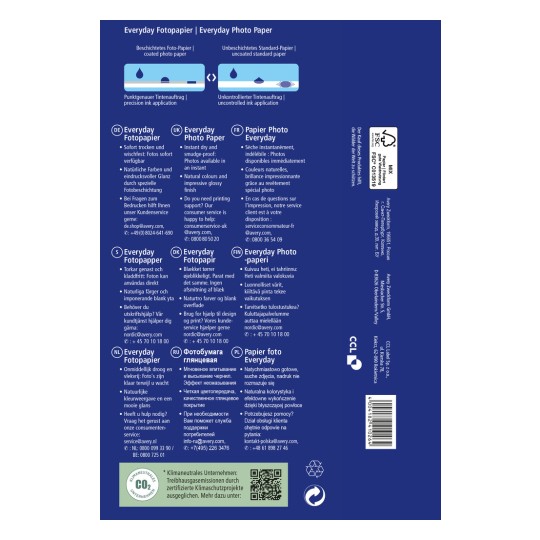Kuva näyttää 'Everyday Photo Paper' -pakkauksen tiedot useilla kielillä ja korostaa ominaisuuksia, kuten välitöntä kuivumista, luonnollisia värejä ja asiakastuen yhteystietoja.