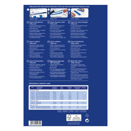 Kuva esittää oppaan mikroperforoituja käyntikortteja varten. Se sisältää monikielistä tietoa korttien ominaisuuksista, piirteistä ja tulostusvaihtoehdoista.