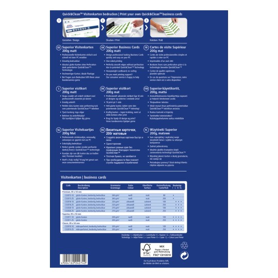 Kuva sisältää tietoa Quick&Clean-käyntikorteista, mukaan lukien tekniset tiedot, painatusyksityiskohdat ja erikieliset kuvaukset tuotteen ominaisuuksista ja eduista.