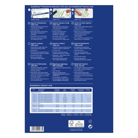 Kuva on esite Quick&Clean-käyntikorteista, ja se sisältää tietoja painatusvaihtoehdoista, materiaaleista, mitoista ja eri kielistä. Se korostaa tuotteen ominaisuuksia ja antaa ohjeita korttien suunnitteluun ja tulostamiseen kotona.