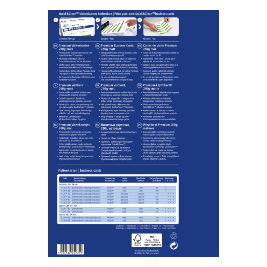 Kuva sisältää tietoa Quick&Clean-käyntikorteista, esitellen niiden ominaisuuksia, spesifikaatioita ja käännöksiä eri kielille. Se korostaa tulostusvaihtoehtoja, käytettyjä materiaaleja ja tarjoaa vertailun eri käyntikorttityypeistä ja niiden ominaisuuksista.