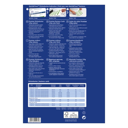 Kuva on yksityiskohtainen tuotelehtinen Quick&Clean-käyntikorteista, ja siinä määritellään erilaiset tyypit, painot, viimeistelyt ja tulostusvaihtoehdot. Se sisältää useita kieliä ja korostaa tuotteiden keskeisiä ominaisuuksia.