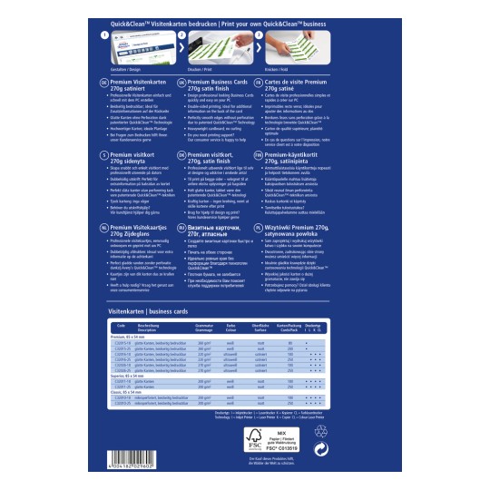 Kuva sisältää Quick&Clean-käyntikorttien tuote-esitteen. Se antaa yksityiskohtia eri eritelmistä, formaateista ja ominaisuuksista, jotka liittyvät ensiluokkaisiin käyntikortteihin, joita on saatavilla tulostettaviksi, mukaan lukien materiaaleja ja kokoja useilla kielillä.