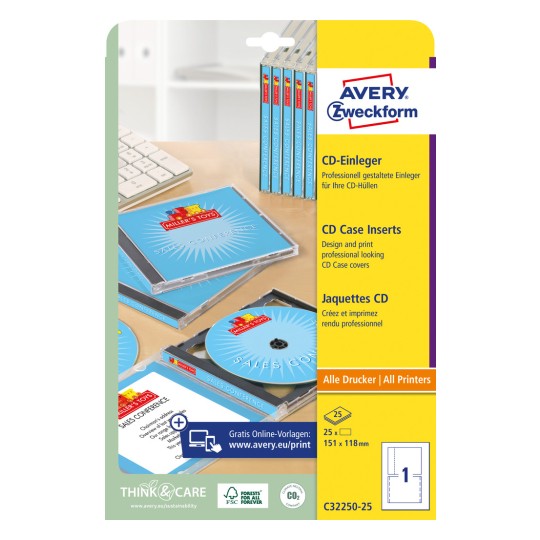 Pakkauskuva: Avery Zweckform CD-insertti, artikkeli: C32250-25, koko: 151 x 118 mm, tulostuskelpoisuus: Mustesuihku, Laser mv, Väri-Laser, sisältö: 25 arkkia,  /arkki?