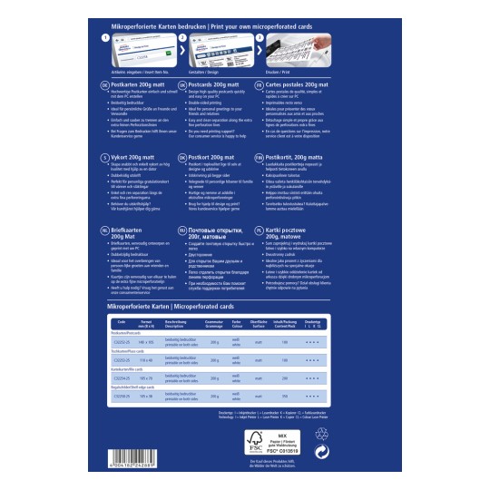 Tietoa sisältävä grafiikka mikroporattujen korttien tulostamisesta, jossa on ohjeet ja tiedot useilla kielillä postikorttien spesifikaatioista, mukaan lukien mitat, paino ja tulostusohjeet.