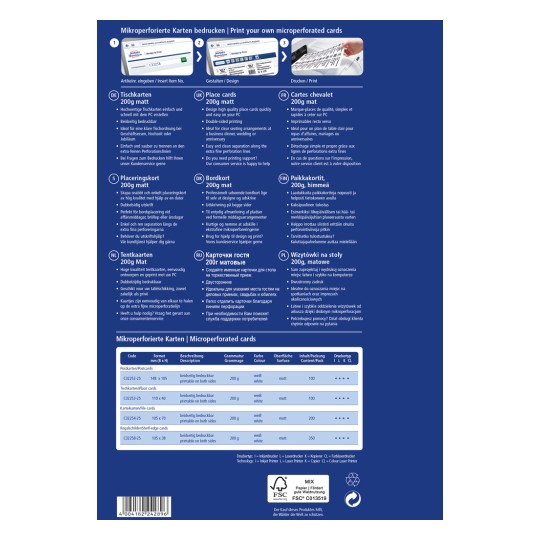 Kuva on monikielinen opas mikrorei'itettyjen korttien tulostamiseen, yksityiskohtaisesti tuotteet kuten paikkakortit, hyllynreunakortit ja pöytäkortit, mukaan lukien eritelmät kuten koko, paino ja tulostusohjeet.