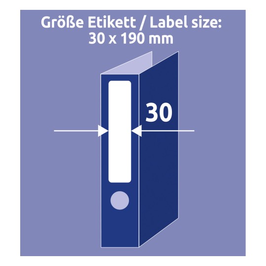 Kuva näyttää etiketin kokomääritelmän 30 x 190 mm ja etiketin paikan visuaalisen esityksen kansion selässä.