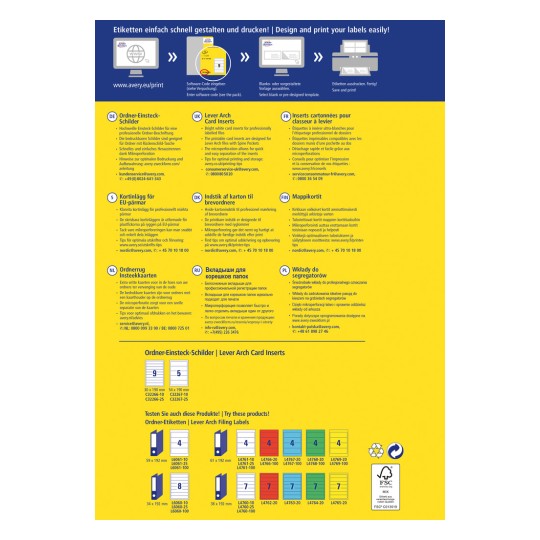 Kuva esittää monikielisen mainoksen Avery-kansioiden korttiliitteille. Se sisältää tuotteen tekniset tiedot, tulostusvinkkejä ja yhteystiedot. Esillä on erilaisia tuotevaihtoehtoja, joilla on mitat ja mallinumerot, sekä visuaalisia esimerkkejä liitteistä.
