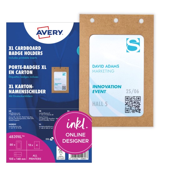 Pakkauksen kuva korttiarkilla: Avery Zweckform suurikokoiset nimikylttien taskut, Artikkeli: 4839XL, Koko: 105 x 148 mm, Tulostuskelpoisuus: mustavalkolaser, värilaser, mustesuihku, laser, Sisältö: 50 nimikylttiä / 52 insert-kylttiä / 13 arkkia, /arkki?