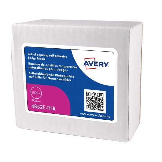 Laatikko, joka sisältää Averyn itseliimautuvia nimilappuja, jotka on merkitty vanhentuviksi, koko 22 mm ja sisältää 1000 etikettiä.