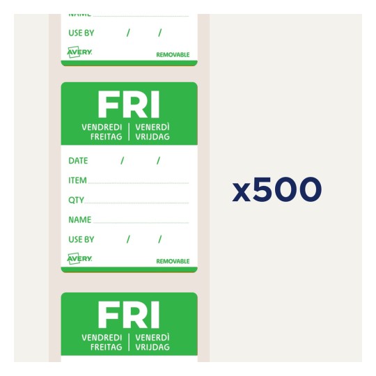 Kuva esittelee järjestelyyn suunniteltuja tarroja, joissa lukee 'PERJ' ja niihin liittyviä tietosarjoja, lukumääränä 'x500'. Tarrojen värimaailma on vihreä.